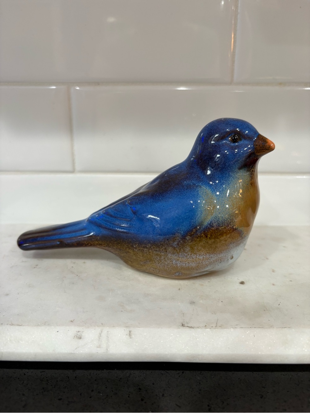Glazed Ceramic Blue & Brown Bird Figurine